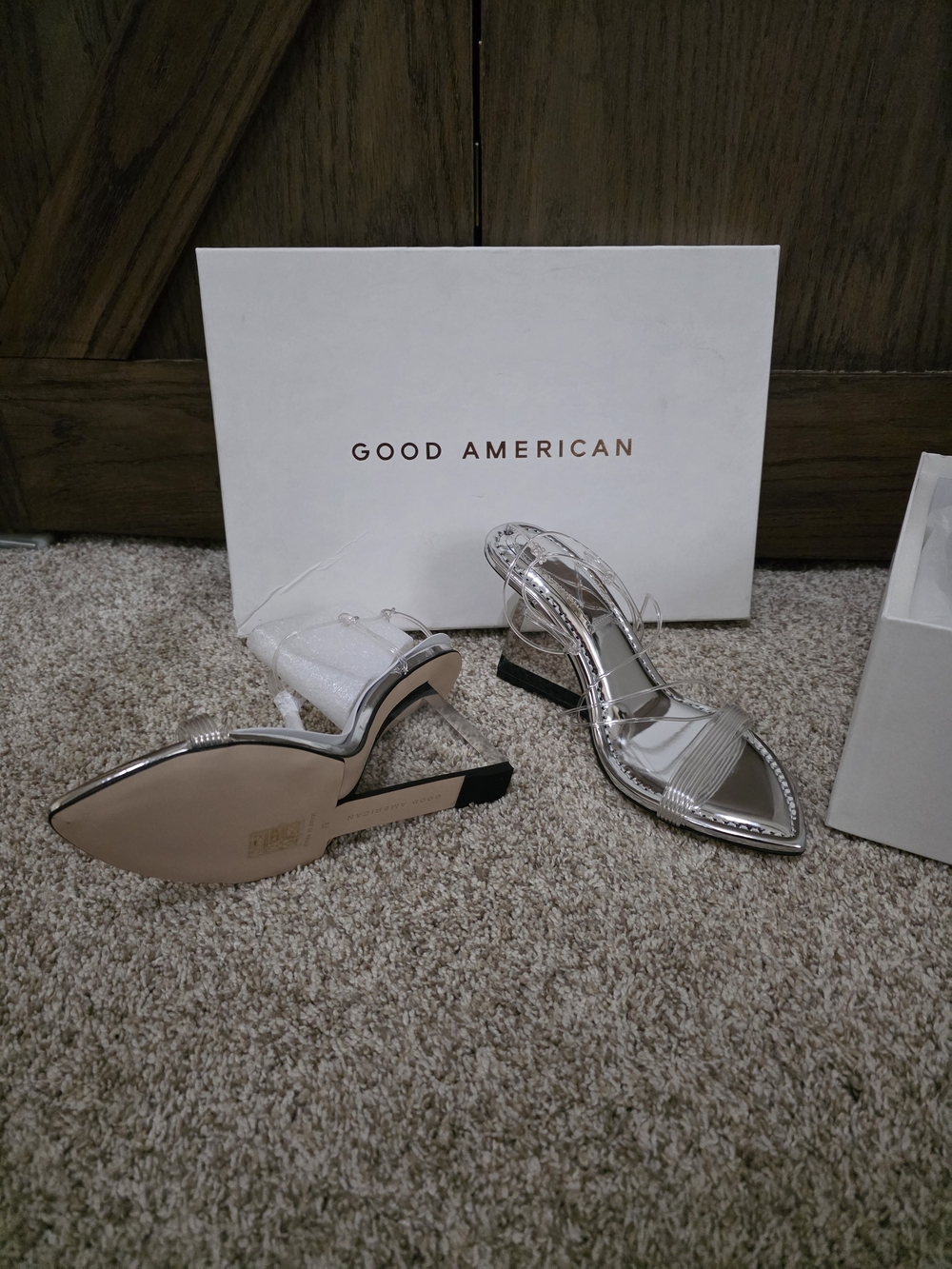 NIB Good American Silver Strappy Pointed-Toe Heels - Picture 4 of 6